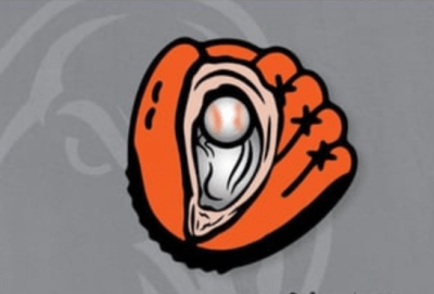 grey background with orange catcher's mitt with half an oyster with baseball where pearl usually is